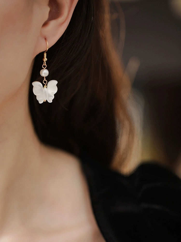 White Butterfly Pearl Earrings