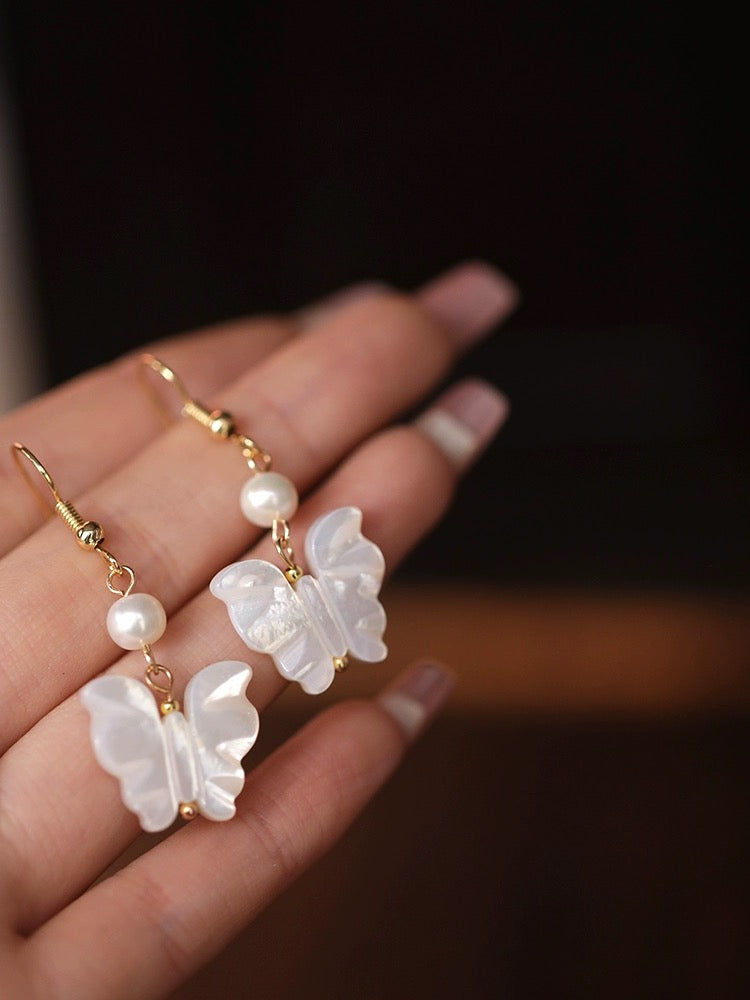 White Butterfly Pearl Earrings