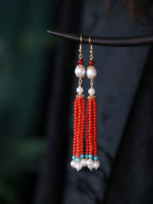 Red Agate Tassel Earrings