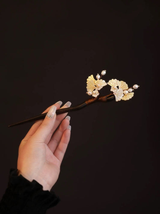 Ginkgo Hairpin Made Of Natural Shells And Pearls